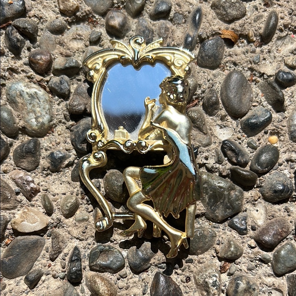 Vintage AJC Gold Tone Pin Brooch Lady in Mirror with Lipstick 1980s